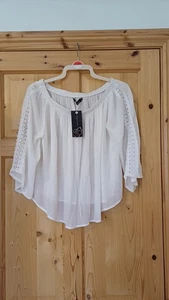 White Linen Look Off Shouler Long Sleeve Summer Blouse With Sleeve Detail - Picture 1 of 7