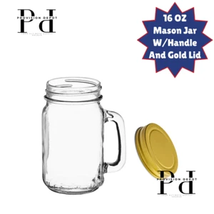 Mason Jar with Handle - And Gold Metal Lid - Rustic Charm 16oz Mason Jar - Picture 1 of 4