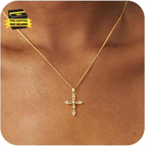 Cross Necklace for Women 14K Gold Plated Sideway Cross Choker Charm Necklace Fai - Picture 1 of 6