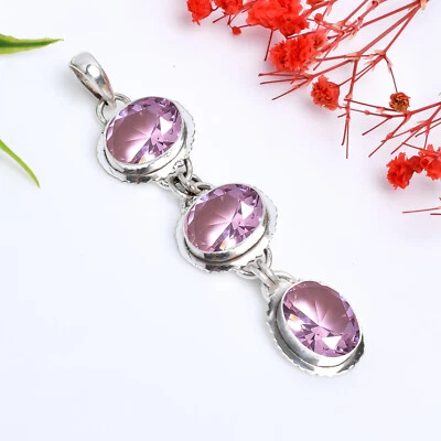 Colgante de plata de ley 925 con piedras preciosas de kuncita rosa joyería regalo para todos los amigos Foto 1 de 4