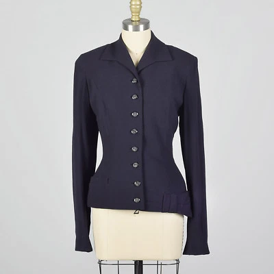 M 1950s Navy Blue Wool Jacket Long Sleeve Fitted Blazer Asymmetric Bow 50s VTG - Image 1 of 4