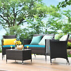 4pcs Patio Rattan Conversation Furniture Set Outdoor Turquoise Cushioned