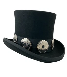 Black 100% Wool Felt Top Hat Concho Band Victorian Costume Slash Mad Hatter USA  - Picture 1 of 8