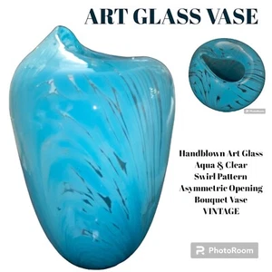 10” Tall Art Glass Clear/Aqua Swirl Handblown Asymmetric Bouquet Vase VTG - Picture 1 of 17