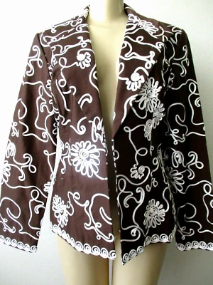Chaqueta Blazer Enrico Baldini Bordada Marrón Blanco Floral Talla 8 Calce Regular Foto 1 de 4