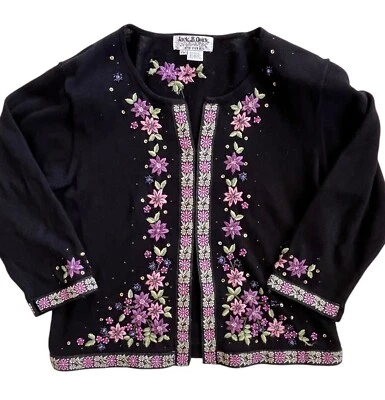 Y2K Jack B Quick Cardigan Sweater Womens Petite Medium Black Embroidered Floral - Imagem 1 de 4