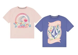 Volcom Girl's Youth 2-Pack Tees - Pink Aloha & Purple Volcom Stone - Sz M 10/12 - Picture 1 of 5