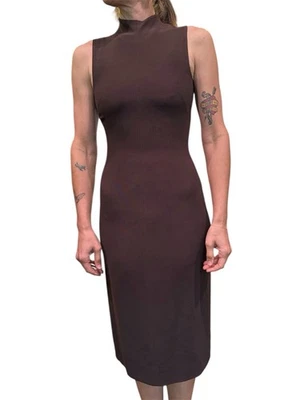 Prada Vintage 90s Mock Neck Midi Column Dress Italy Size 38 Brown - Image 1 of 4