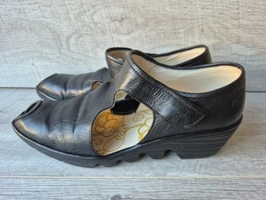 Fly wedge Shoes Black Leather UK 6 - heel 2" - Picture 1 of 8