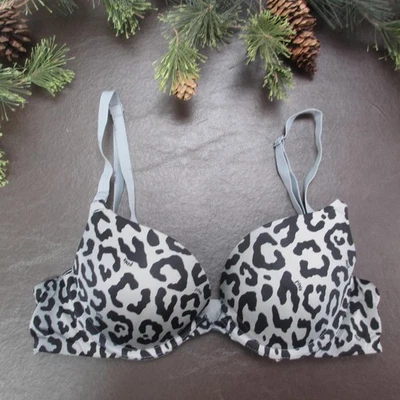 Victoria's Secret Pink Bra Womens 34A Gray Black Leopard Animal Print Push Up - Image 1 of 4