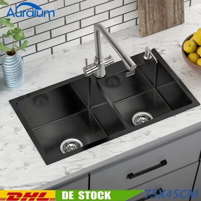 AURALUM MAX Edelstahl Einbauspüle Küchenspüle Spülbecken Doppelspüle Eckig Spüle 75x45 cm