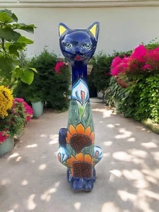 Tall Talavera Cat Statue 19” - Sunflower And Lily Mexican Pottery - Home Decor - Picture 1 of 4