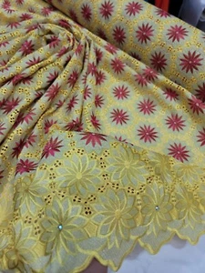 Yellow African Lace Fuchsia Flower Floral Fabric By Yard Embroidery Rhinestones - Picture 1 of 12