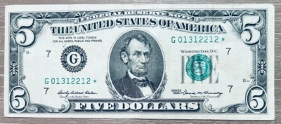 $5 Dollar Bill Star Note 1969 Series G01312212* Chicago Federal Reserve Bank - Image 1 of 2