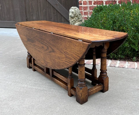 Antique English Coffee Table Bench Drop Leaf Gate Leg Oak Pegged c. 1900 Cover