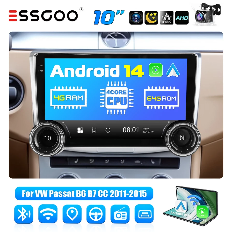 10.1" Android 14 Carplay Autoradio Für VW Passat B7 CC 10-2015 GPS Cam 4+64G - Bild 1 von 4