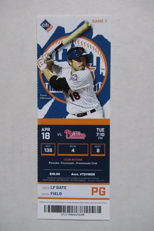 Boleto completo de los Mets de Nueva York vs Philadelphia Phillies 18/04/2017 ~ Travis D'arnaud Foto 1 de 1