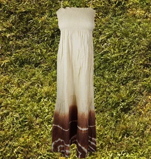 Women's Smocked Bodice Dress, Off White Brown Tie Dye Long Summer Dress S/M