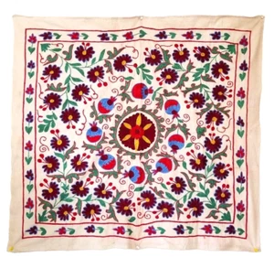 TABLE TOP - WALL HANGING - UZBEK SUZANI 37" x 35" - SILK EMBROIDERY ON COTTON - Picture 1 of 10
