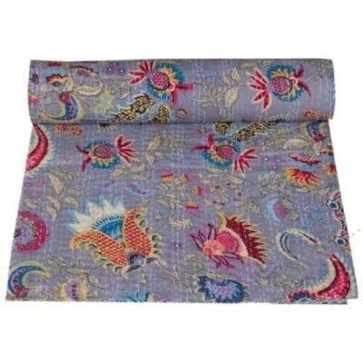 Colcha Kantha de algodón indio doble gris cubierta de cama manta de cachemira Foto 1 de 4