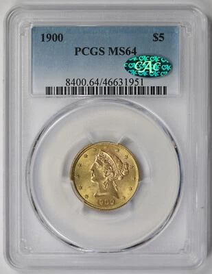 1900 Liberty Head 半鹰金 5 美元 MS 64 PCGS CAC 认证 — 第 1/4 张图片