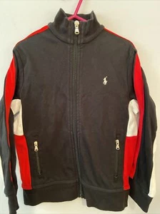 Polo Ralph Lauren Black Red White Boys Sz 5 Front Zip Sweat Shirt Pony Pockets - Picture 1 of 10