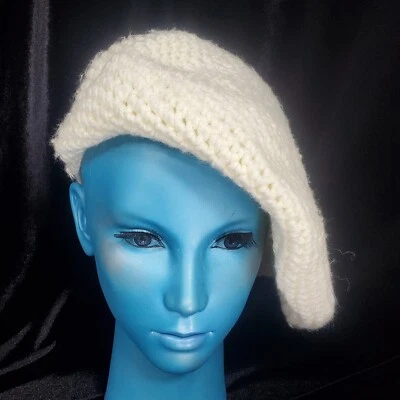 Kokonit  1960s-70s Cream Hat Cap Beret Paris Style Knit Hand Crocheted Acrylic - Image 1 of 4