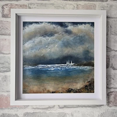  Original Acrylic Painting Stormy Coastal Landscape Boats Sailing  Dusk Framed  - Image 1 of 4