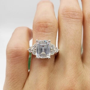 5Ct Emerald Cut Lab Created Diamond Engagement Ring Silver 14k White Gold Plated - Picture 1 of 10