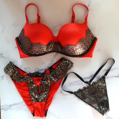 Conjunto de calcinha sutiã Victorias Secret 36D vermelho preto dourado renda balconette cetim tamanho GG 3 peças - Imagem 1 de 4