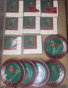 Vintage Hallmark Christmas Ambassador Party Paper Plates Napkins Bugle Plaid - Picture 1 of 4