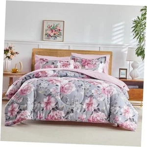 Bed in a Bag King, 7 Piece Floral Comforter Sheet King-7pieces Floral Gray - Picture 1 of 8