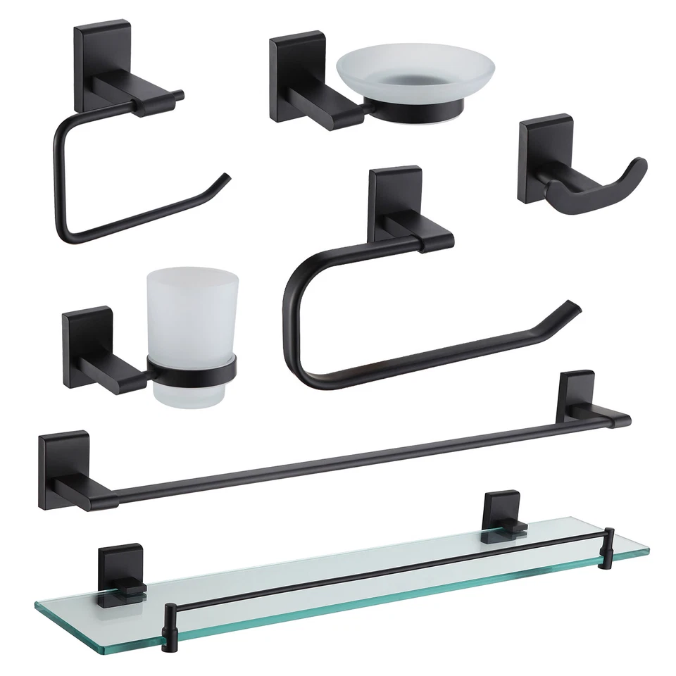 Black Wall Mounted Bathroom Accessories Toilet Roll Holder Towel Ring Rail Hook - Image 1 of 1