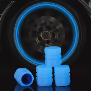 4x Blue Fluorescent Car Tire Valve Caps Luminous Tire Valve Stem Cap Accessories - Picture 1 of 10
