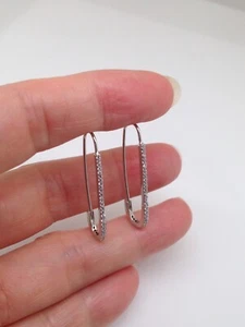 Cz Safety Pin Hoop Earrings 925 Sterling Silver Long Hoops 30x8.5x1mm - Picture 1 of 11