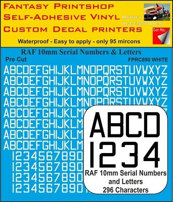 RC Vinyl Aufkleber Aufkleber RAF BUCHSTABEN ZAHLEN 10 MM VORGESCHNITTEN FPRC890 WEISS GLÄNZEND - Bild 1 von 3