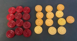 Vintage Bakelite Grooved Backgammon Pieces Butterscotch and Red 25 count - Picture 1 of 9