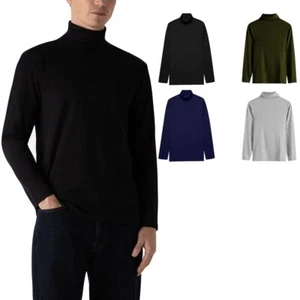 Mens Roll Neck Jumper Cotton Lightweight T-Shirt Long Sleeve Tops Funnel Neck - Picture 1 of 12