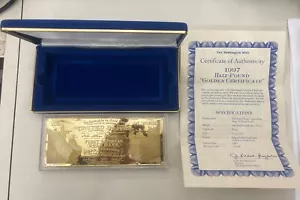 1997 Half Pound The Golden Certificate Proof .999 Fine Silver Bar COA - Picture 1 of 3