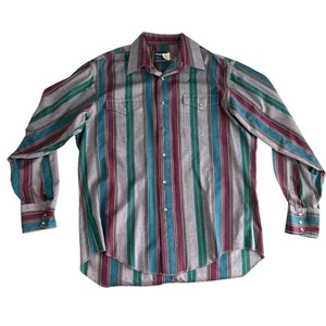 Mens Wrangler Western X Long Tail 16.5 35 Pearl Snap VTG USA Made Blue Red Green - Picture 1 of 4