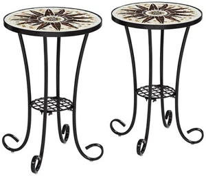 Black Outdoor Accent Tables 14" Wide Set of 2 Brown Mosaic Porch Patio - Picture 1 of 8