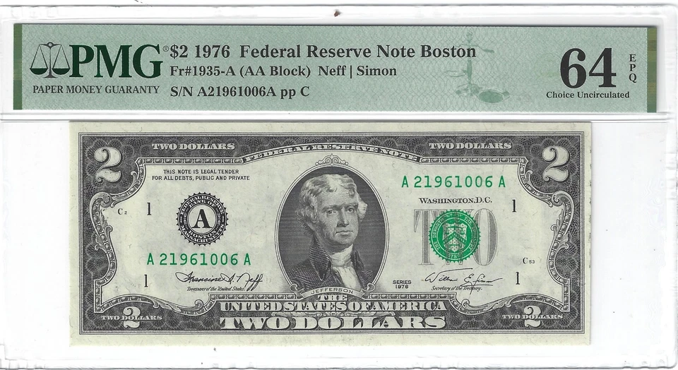 FR.1935-A 1976 $2 FRN, AA Block, Neff / Simon PMG 64EPQ, Nice! - Image 1 of 2