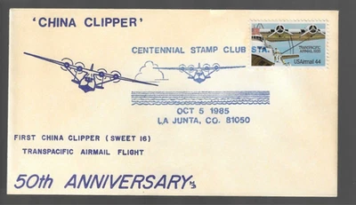 Cubierta del club de estampillas del centenario de La Junta Colorado 1985; 50 aniversario China Clipper Foto 1 de 2