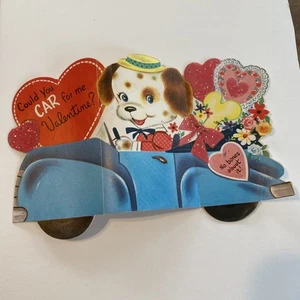 Biglietto San Valentino Vintage Antropomorfo Cucciolo Cane Guida Auto Floccato - Foto 1 di 7