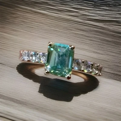 BLUE Teal EMERALD & White MOISSANITE DIAMOND Band RING Size 8 Sterling SILVER  - Image 1 of 4