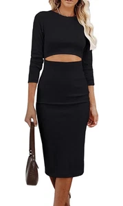 Prettygarden Women's Long Sleeve Bodycon Casual Cut Out Pencil Black Dress M NWT - Picture 1 of 9
