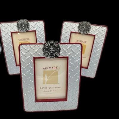 3 Frames Red Hats of Courage Fire Dept Metal Grate Look 3.5"x5" Picture New - Image 1 of 3