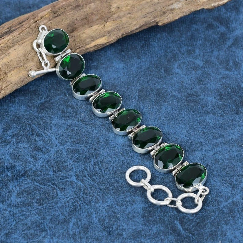 Green Chrome Diopside Gemstone 925 Sterling Silver Jewelry Bracelet Size 7-8" - Image 1 of 4