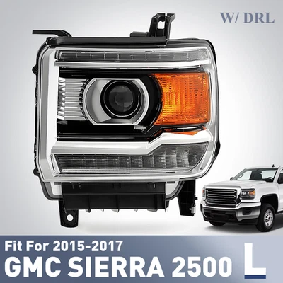 Halogen Headlight For 2015-2017 GMC Sierra 2500 w/ LED DRL Chrome Bezel Driver - Image 1 of 2