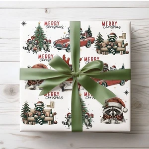 Funny Raccoon Christmas Wrapping Paper, Woodland Animal Holiday Gift Wrap - Picture 1 of 4